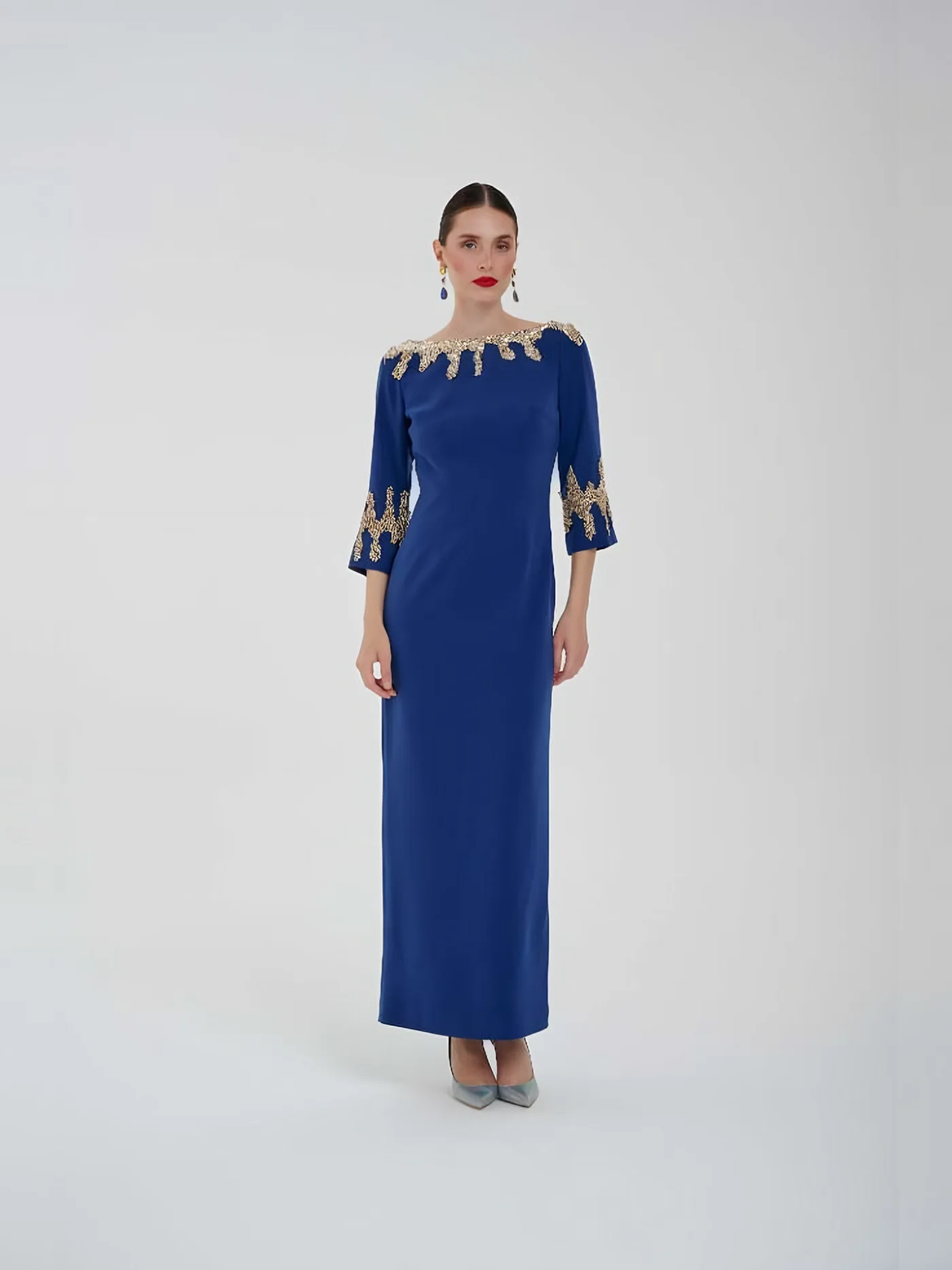 Altın Yakalı Saks Maxi Elbise