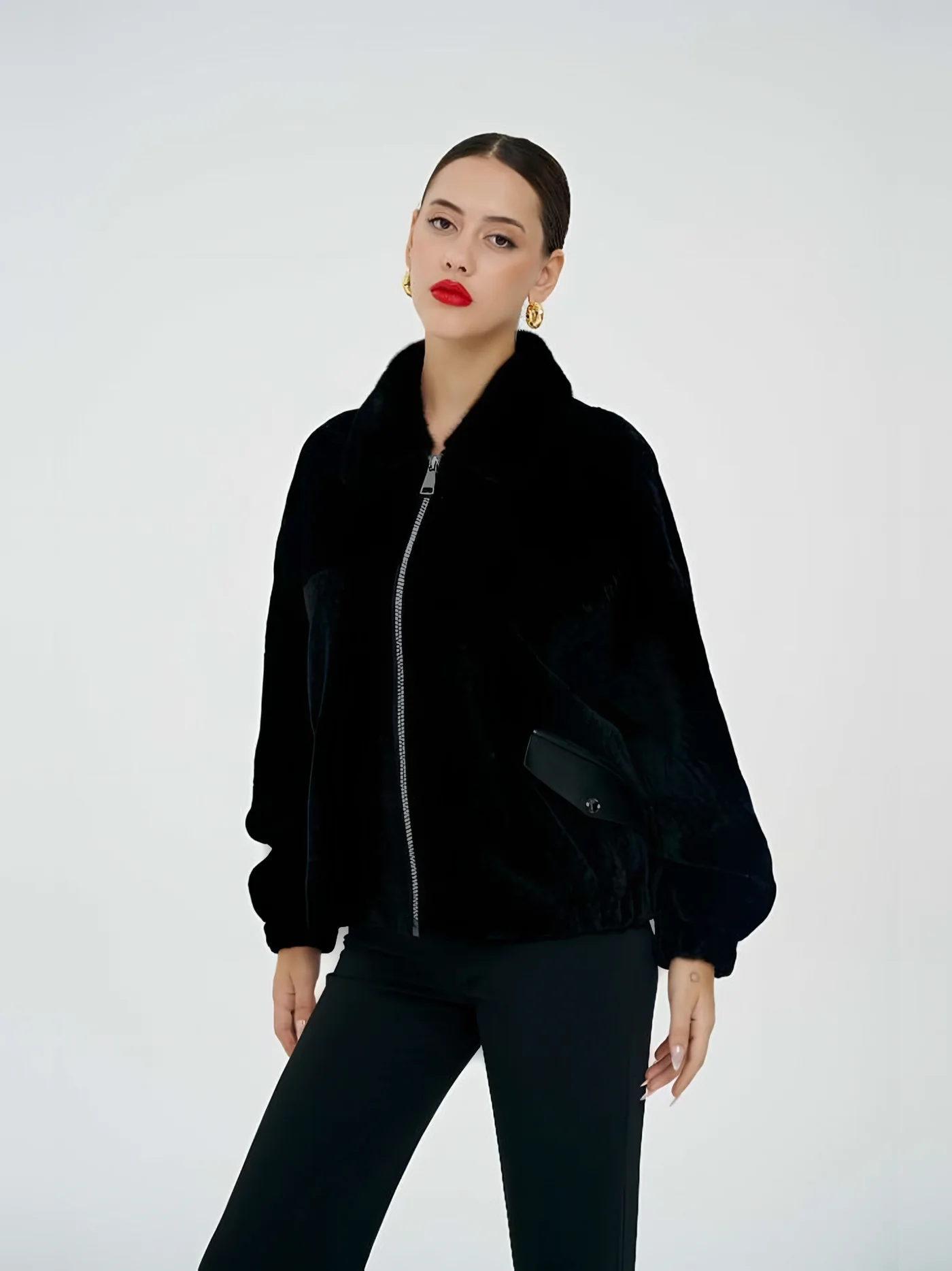 Fermuarlı Peluş Bomber Ceket