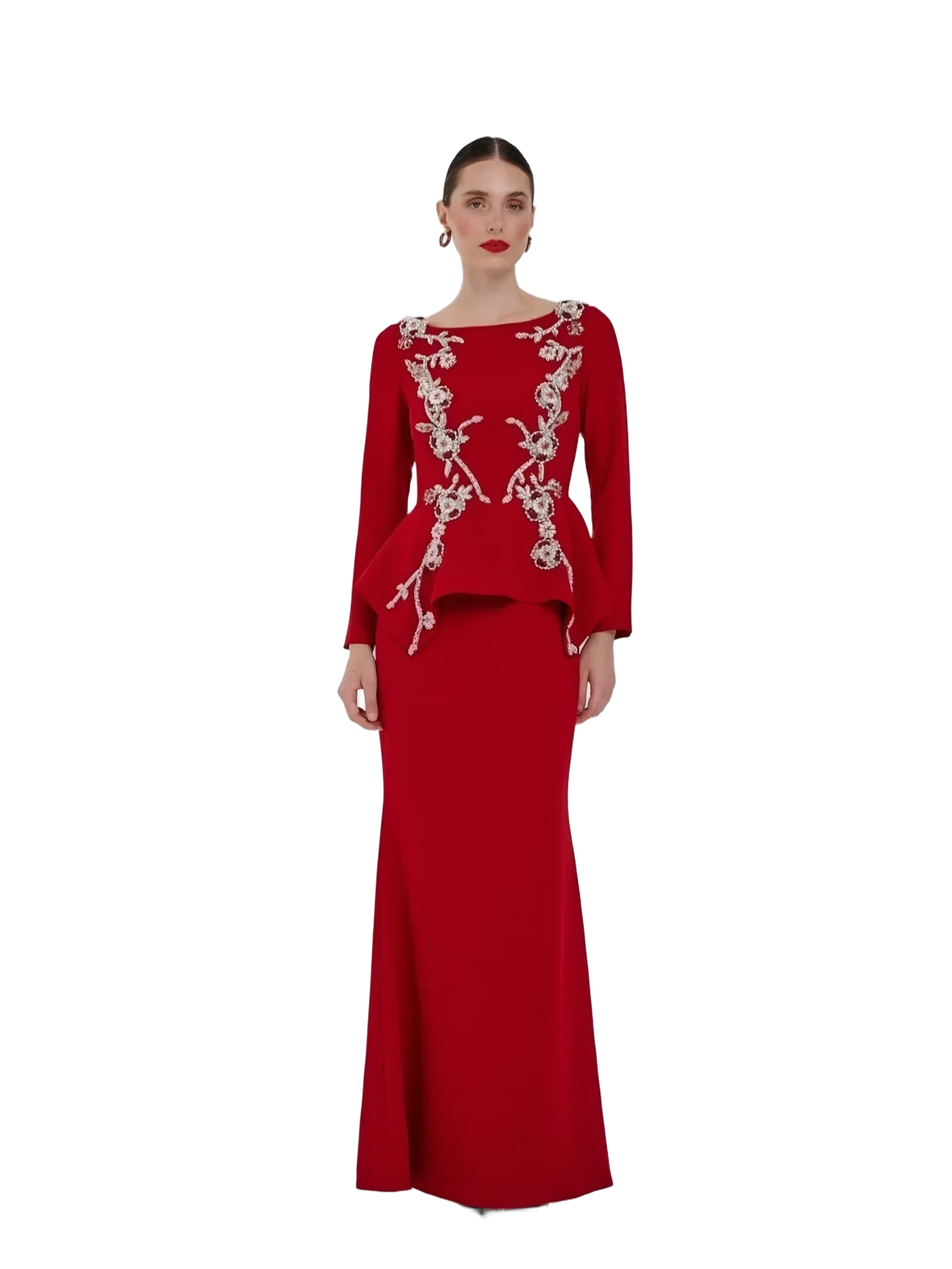 Kristal İşlemeli Peplum Takım — modelin üzerinde · 1/3